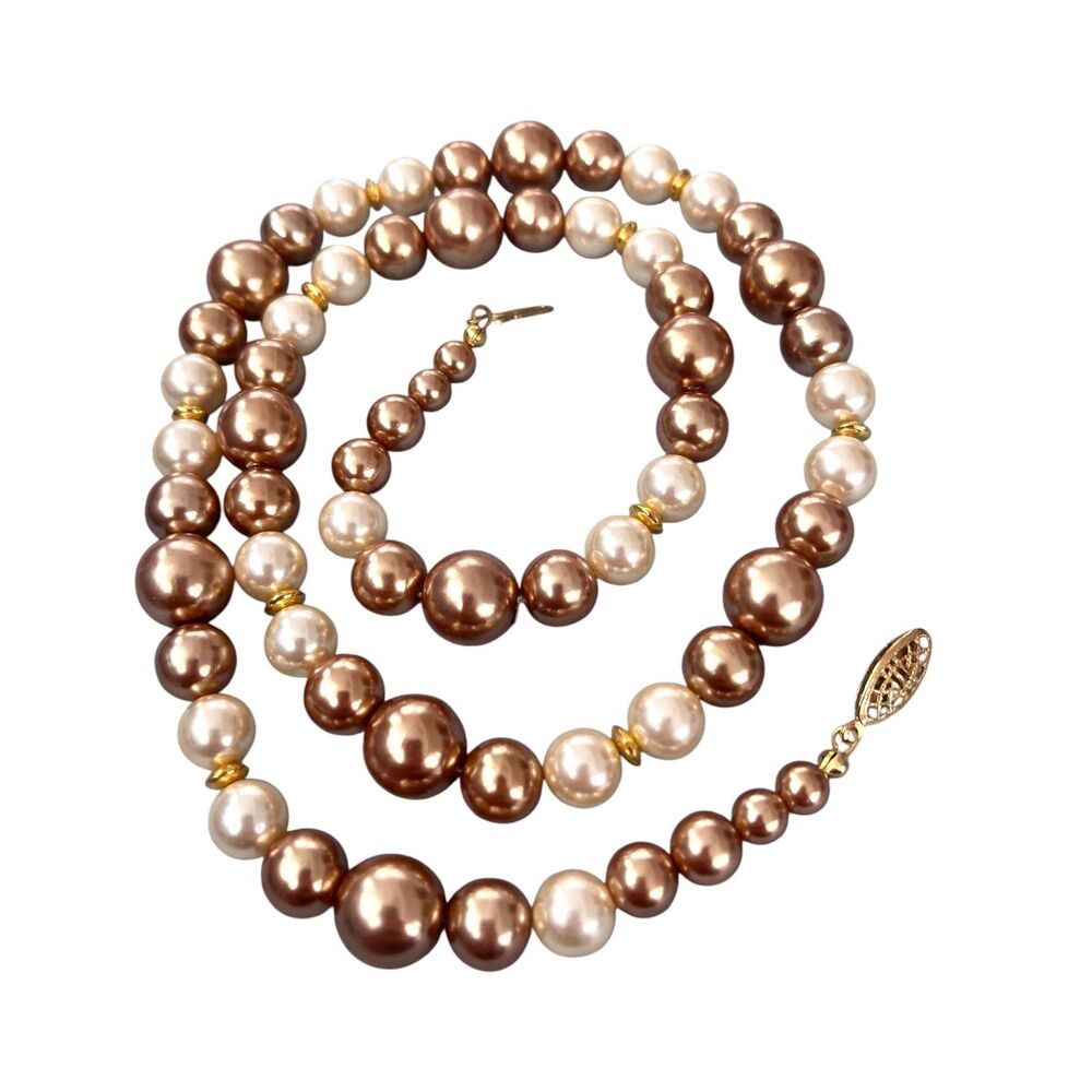 Vintage 1980s Simulated Pearl Necklace Taupe Cream Two Tone Beaded - 3K